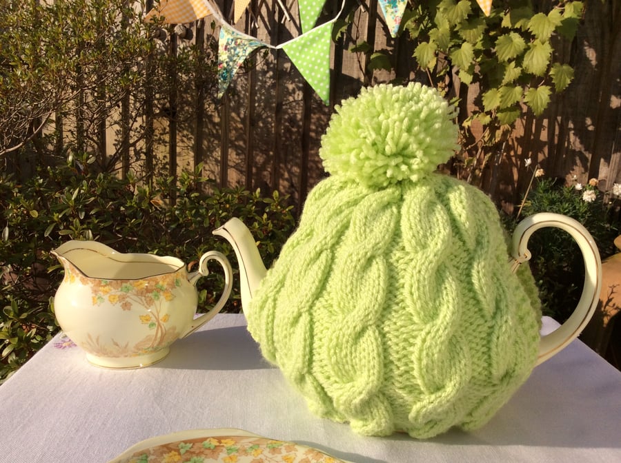 Tea Cosy - Knitted lime tea cosy fits a 4-6 cup pot