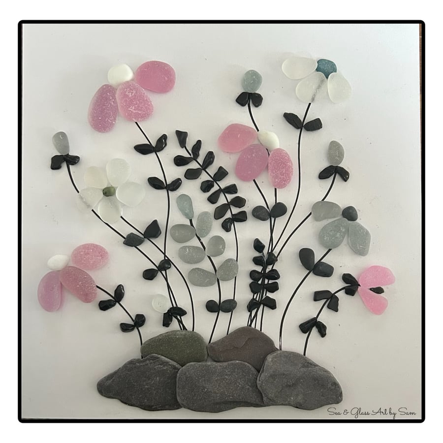 Handmade Pink & White Sea Glass Floral Picture - Framed 8x8 Coastal Art