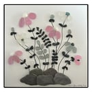 Handmade Pink & White Sea Glass Floral Picture - Framed 8x8 Coastal Art