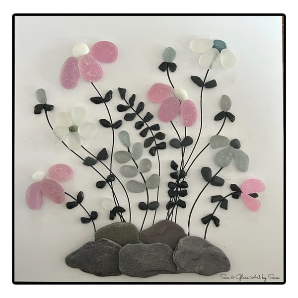 Handmade Pink & White Sea Glass Floral Picture - Framed 8x8 Coastal Art