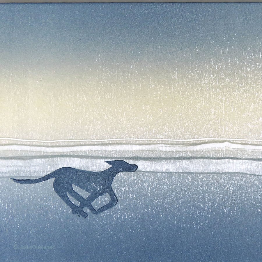 Monoprint dog playing on the beach Room to Run original art ready to frame 