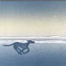 Monoprint dog playing on the beach Room to Run original art ready to frame 