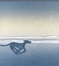Monoprint dog playing on the beach Room to Run original art ready to frame 