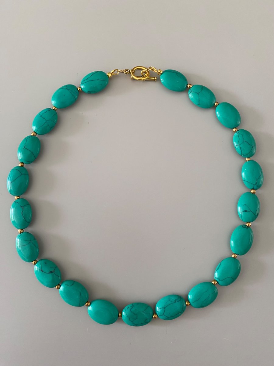 Handmade Natural Green Stone Necklace with Gold Filled Toggle Clasp