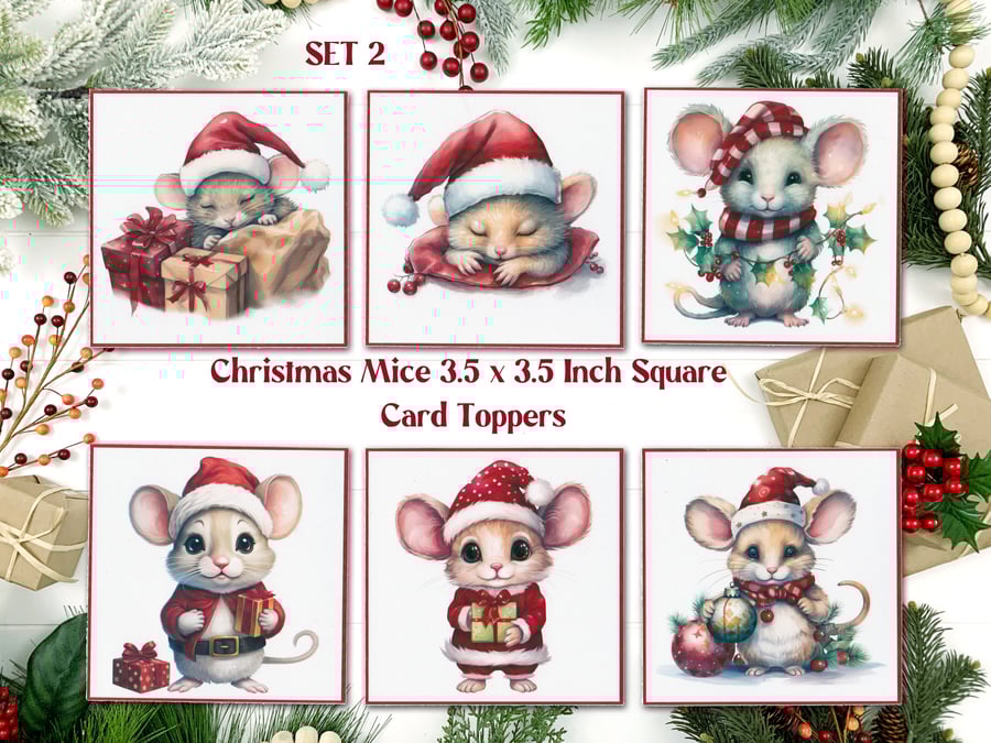 Christmas Mice Square Card Toppers for Card Making, Tags, Scrapbooks, Journals
