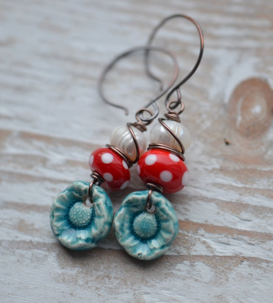 Handmade Earrings with Ceramic Flower Charms, Freshwater Pearls & Polka Dot Bead