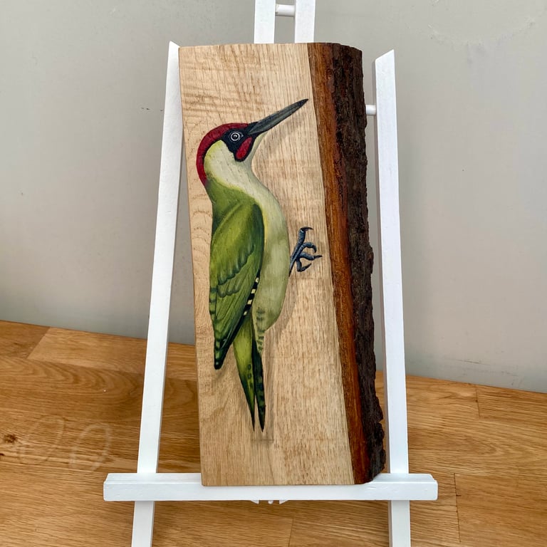 Green woodpecker original painting on oak wood