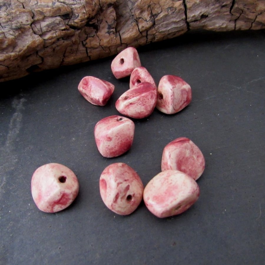 10 Small Dark Pink Glazed Nugget Pebble Clay Beads
