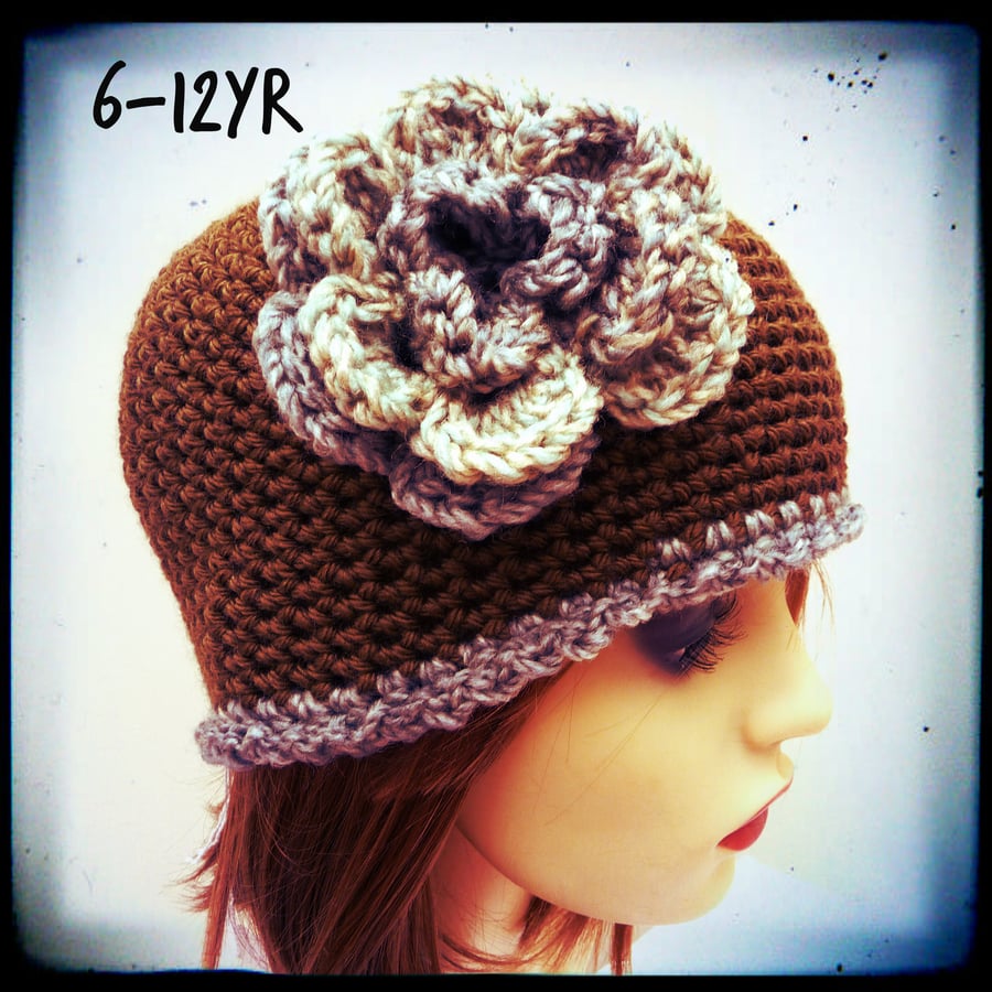 6 to 12 years Crochet Hat Olive Grey