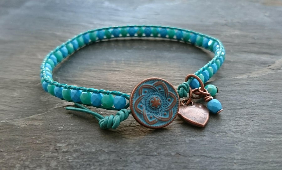 SALE jade green, teal and turquoise leather bead bracelet, copper heart charm