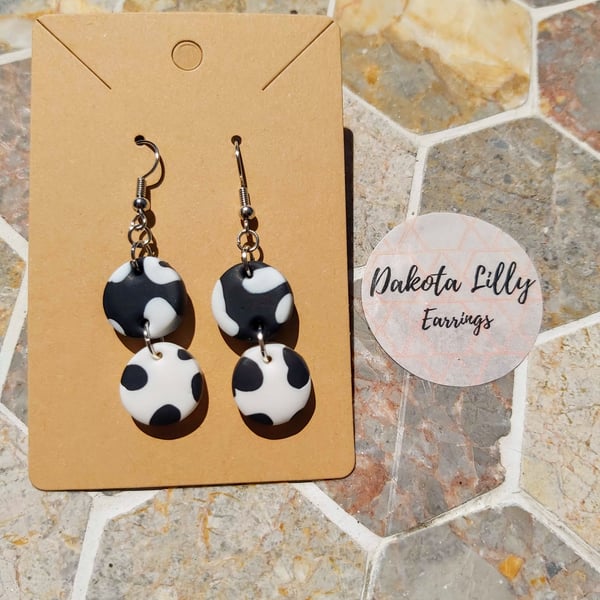Double drop cow print polymer clay earrings