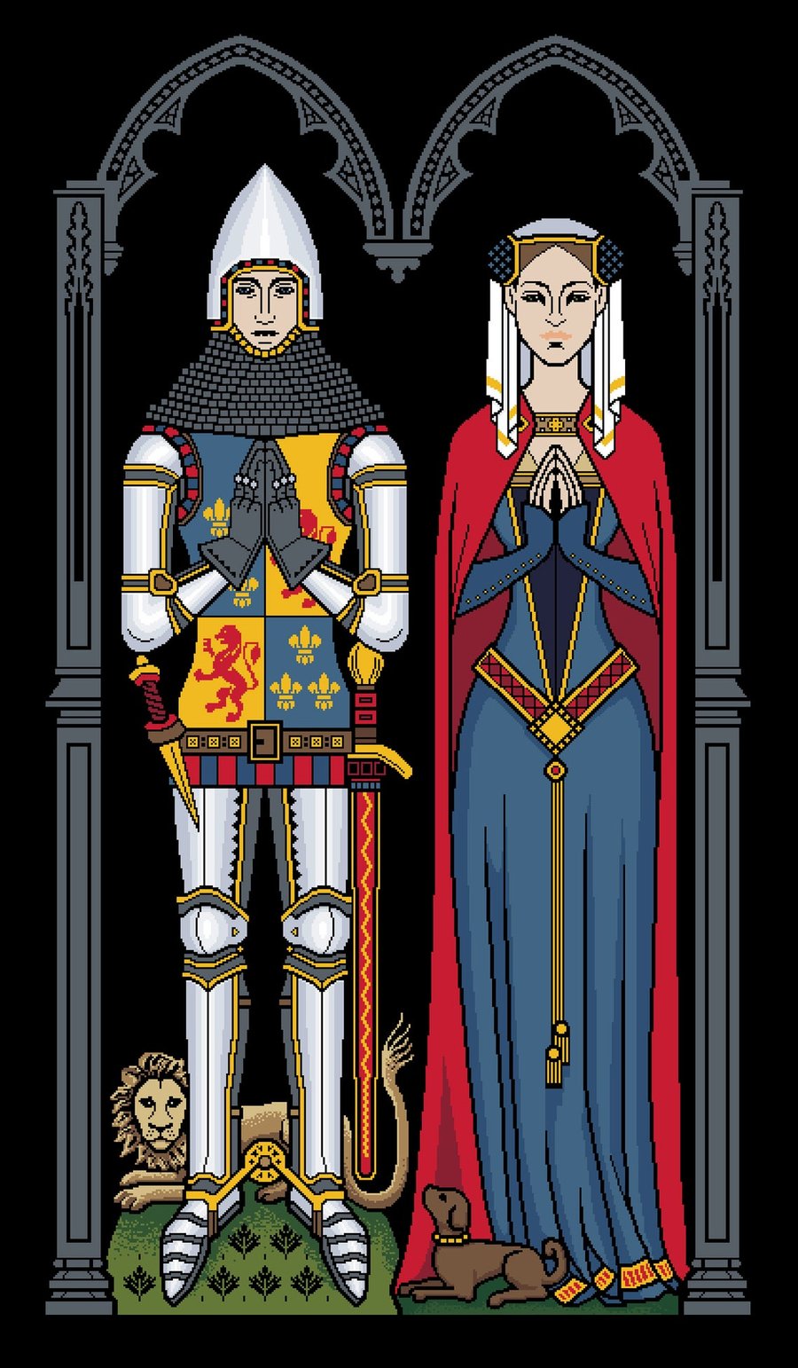 141AB - Medieval Knight & Lady, Coloured Brass Rubbing - CrossStitch Pattern