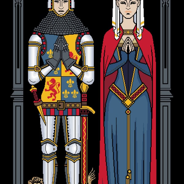 141AB - Medieval Knight & Lady, Coloured Brass Rubbing - CrossStitch Pattern