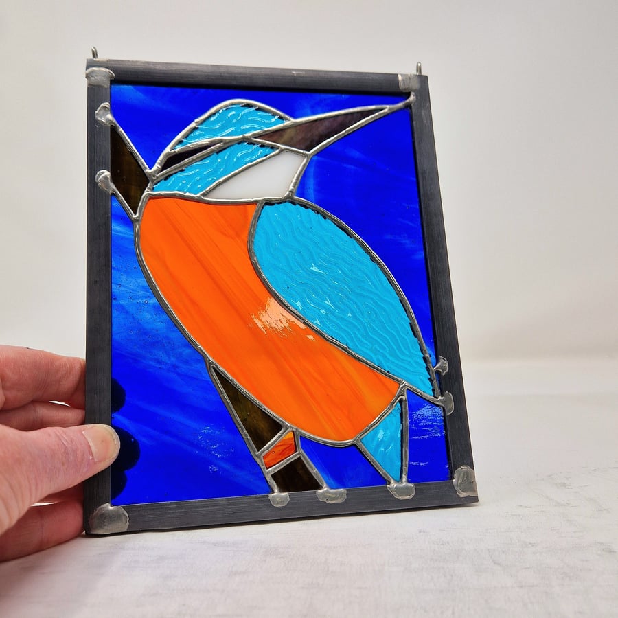 Stained glass kingfisher copper foil and lead panel 