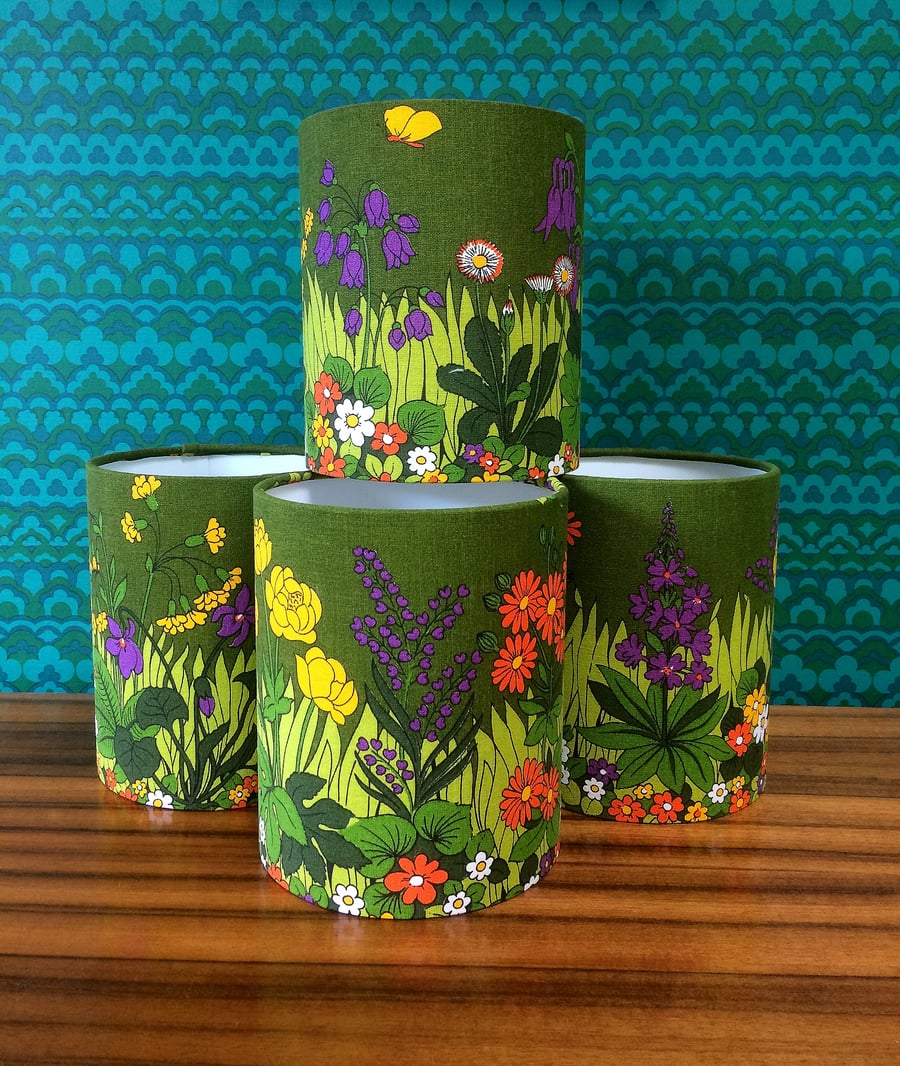 Pretty RETRO Floral Daisy Wildflower 60s 70s Green Vintage Fabric Lampshade