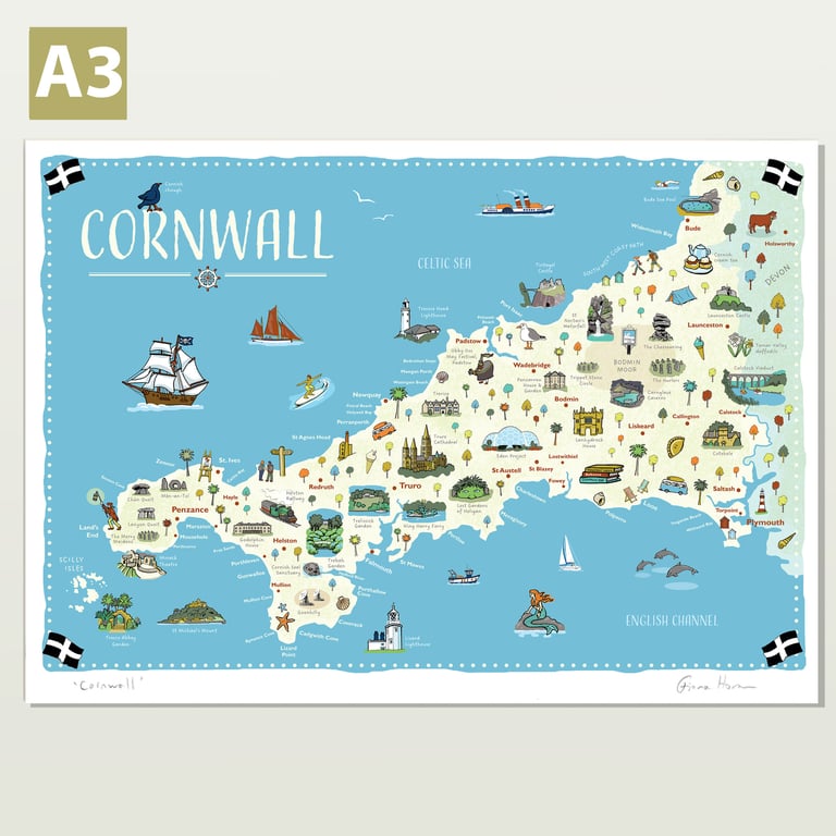 Cornwall illustrated map poster A3
