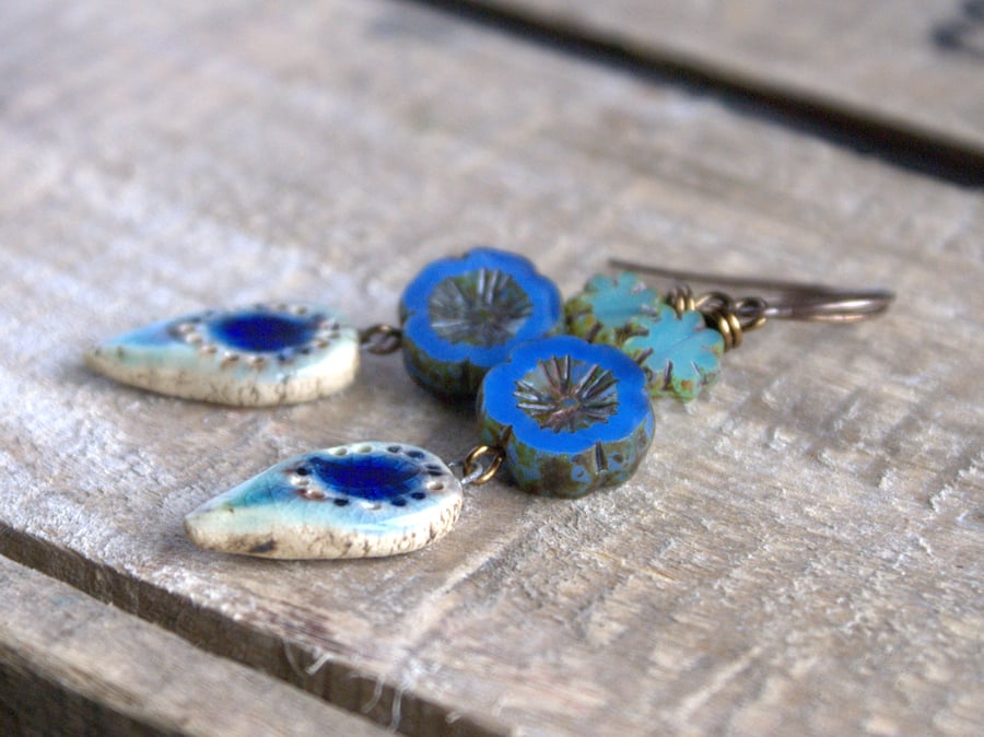 Rustic Blue Ceramic Drop Earrings