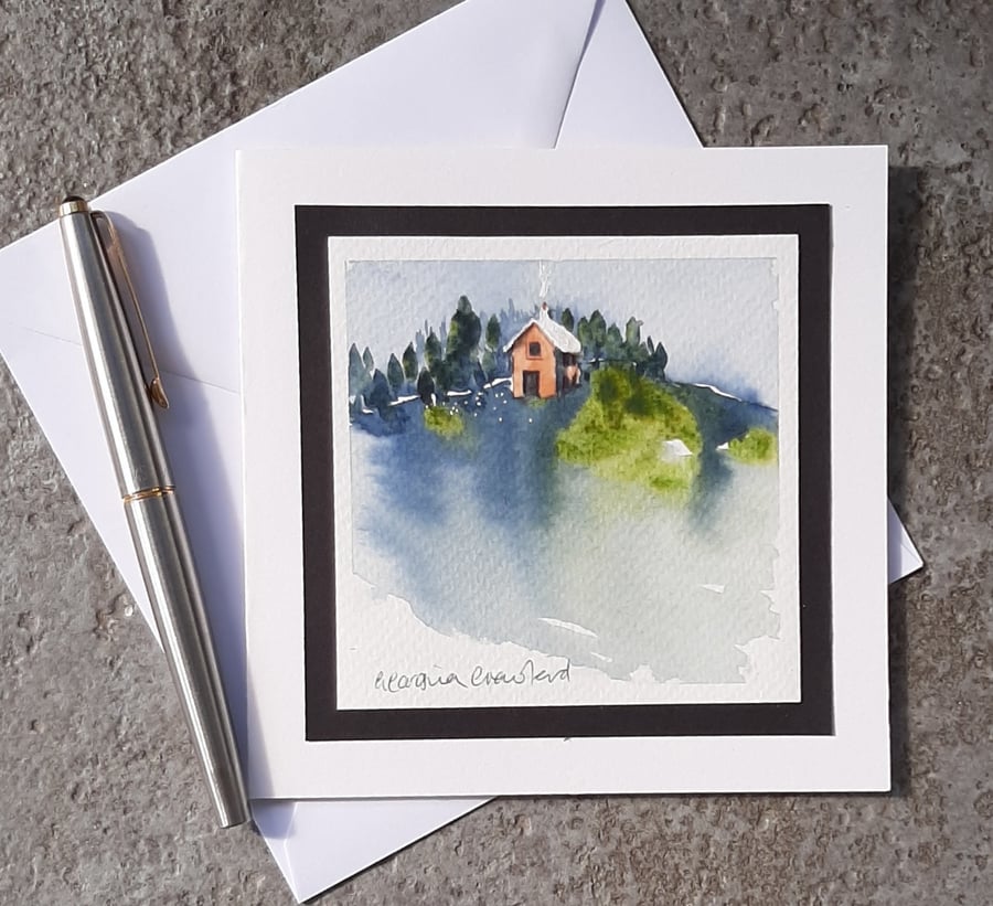 Abstract Handpainted Blank Card Of A Hilltop Cottage With Trees