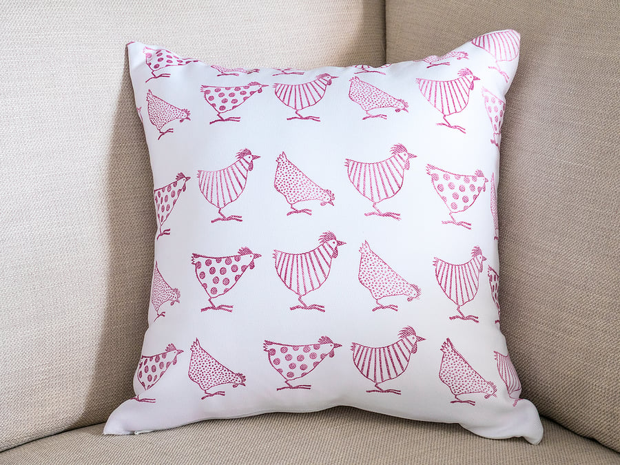 Red and White Chicken or Hen Cushion 16" inch Hand printed Indian Block Print