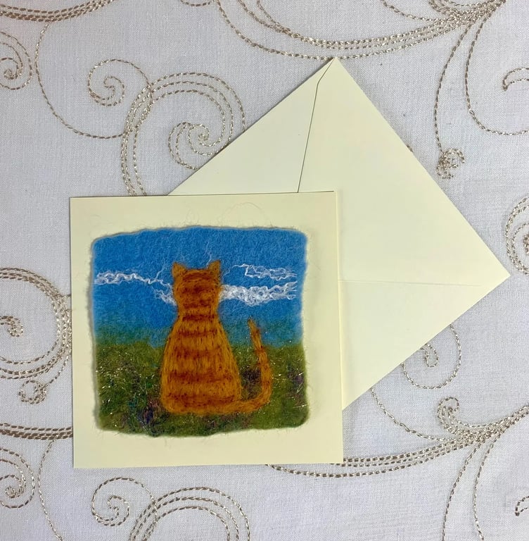 Handmade Felt Blank Card Ginger Cat