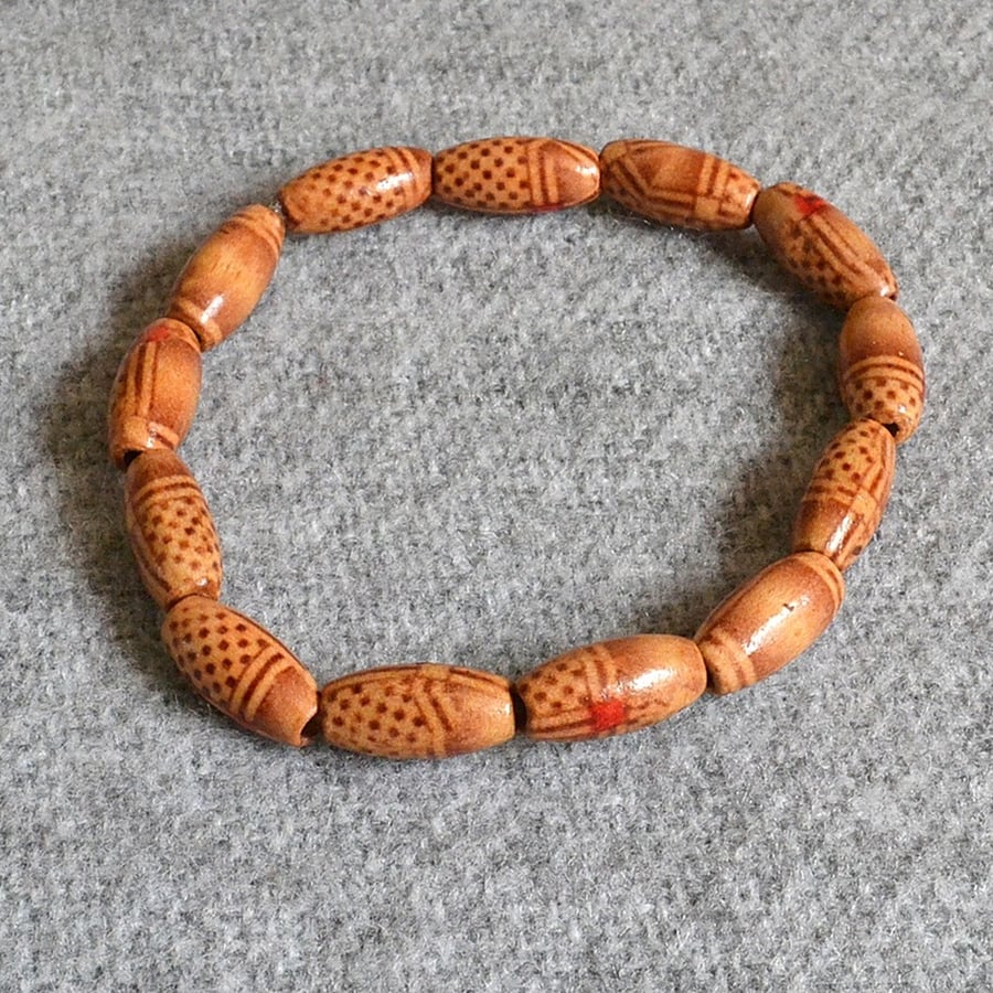 Wooden, Printed Pattern, Cylinder Bead Elastic Bracelet
