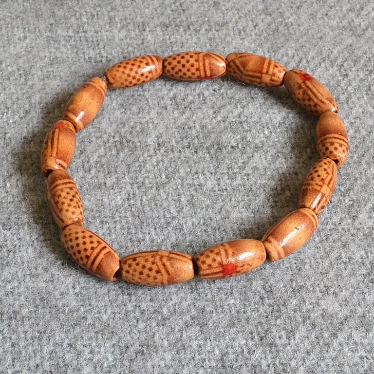 Wooden, Printed Pattern, Cylinder Bead Elastic Bracelet