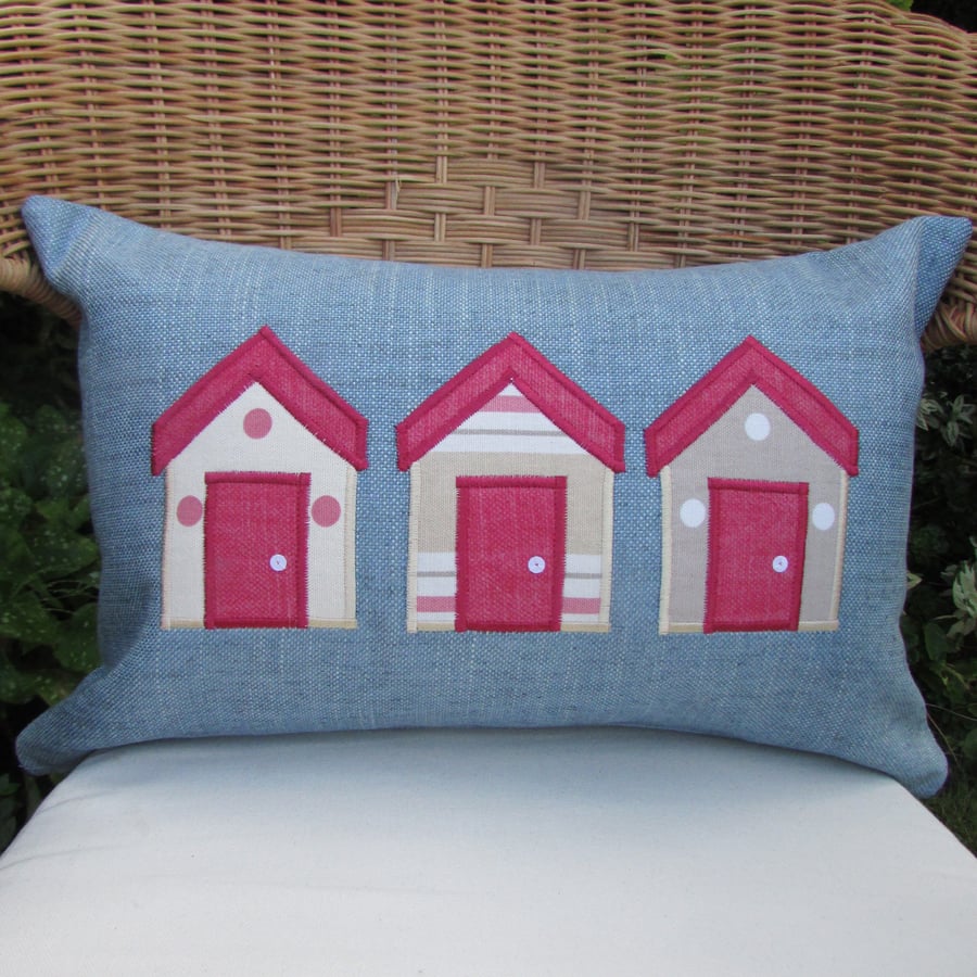 Beach huts cushion - Rectangular, blue with pink, cream and beige huts