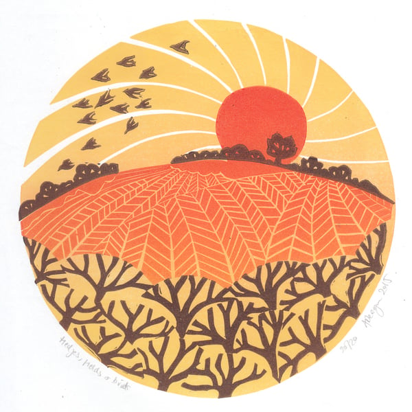 Hedge, fields and birds - LINO PRINT AUTUMN SUNSET LANDSCAPE  