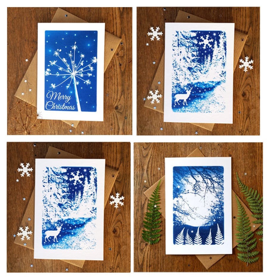 SALE Pack of 4 Christmas cards from Cyanotype images