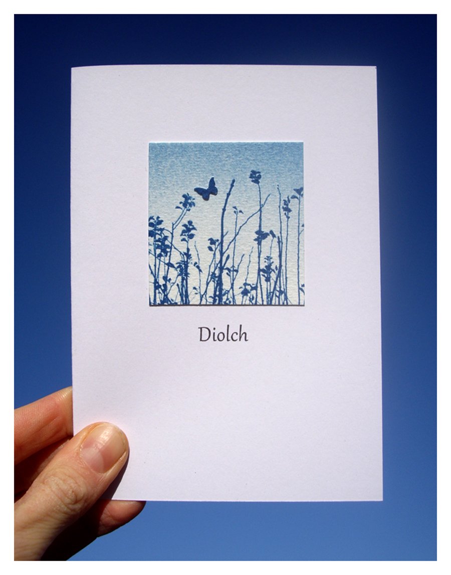 'Diolch' ('Thank you' in Welsh) Blue Cyanotype Card 