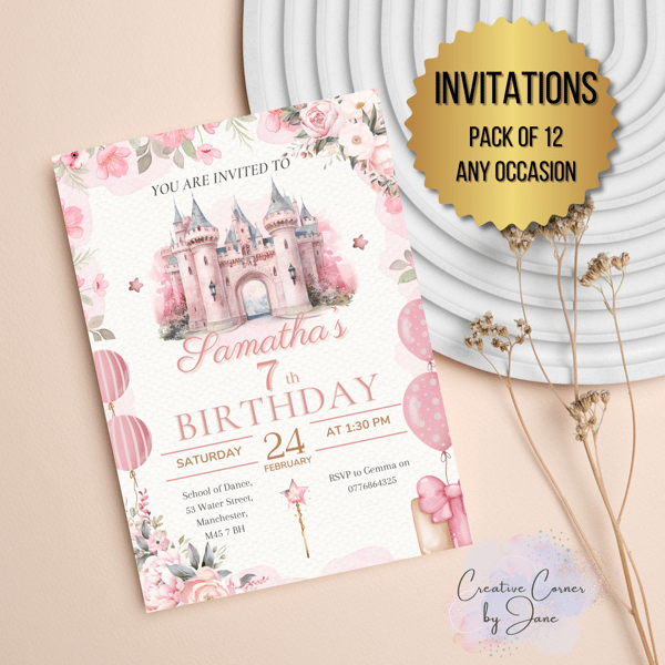 Pack of 12 personalised princess girls party invitation birthday invite
