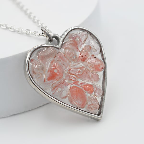 Cherry Quartz Heart Silver plated Worry Stone Necklace - Free Postage