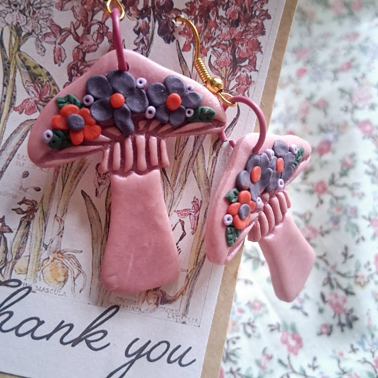 CLEARANCE! polymer clay earrings handmade- reduced-peach floral purple mushroom