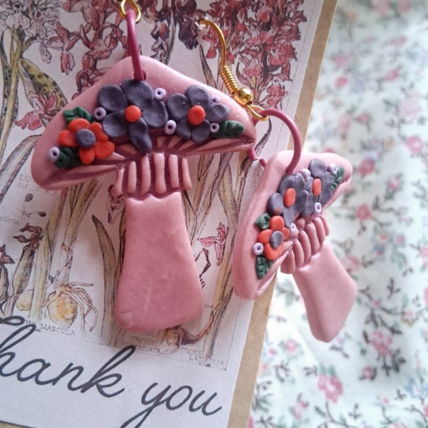 CLEARANCE! polymer clay earrings handmade- reduced-peach floral purple mushroom