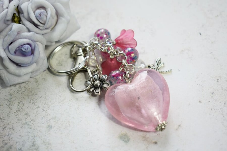 Pink Heart Beaded Keyring or Handbag Charm