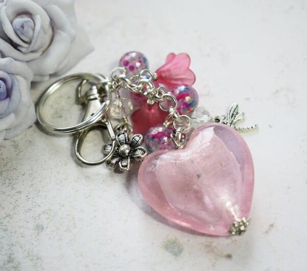 Pink Heart Beaded Keyring or Handbag Charm