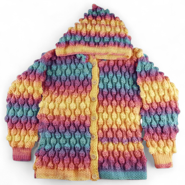 Children's Hooded Cardigan, 6-7 Years, Hand Knitted Rainbow Cardigan