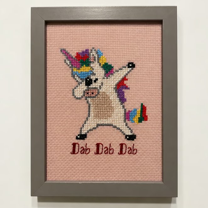 Handmade Framed Cross Stitch – Dabbing Unicorn