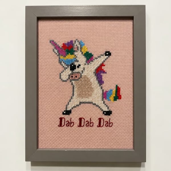 Handmade Framed Cross Stitch – Dabbing Unicorn