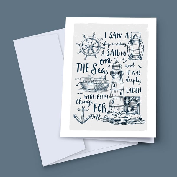 Travel, Ship A Sailing Card, Lighthouse Card, Nautical Card, Nursery Rhyme Card