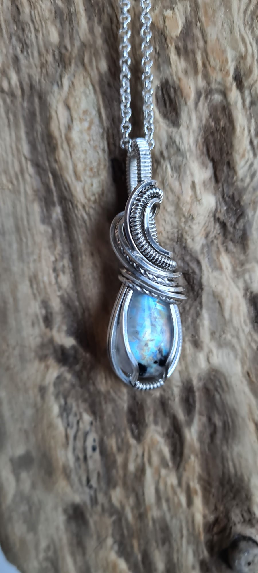 Handmade Natural Rainbow Moonstone & 925 Silver Necklace Pendant with Chain