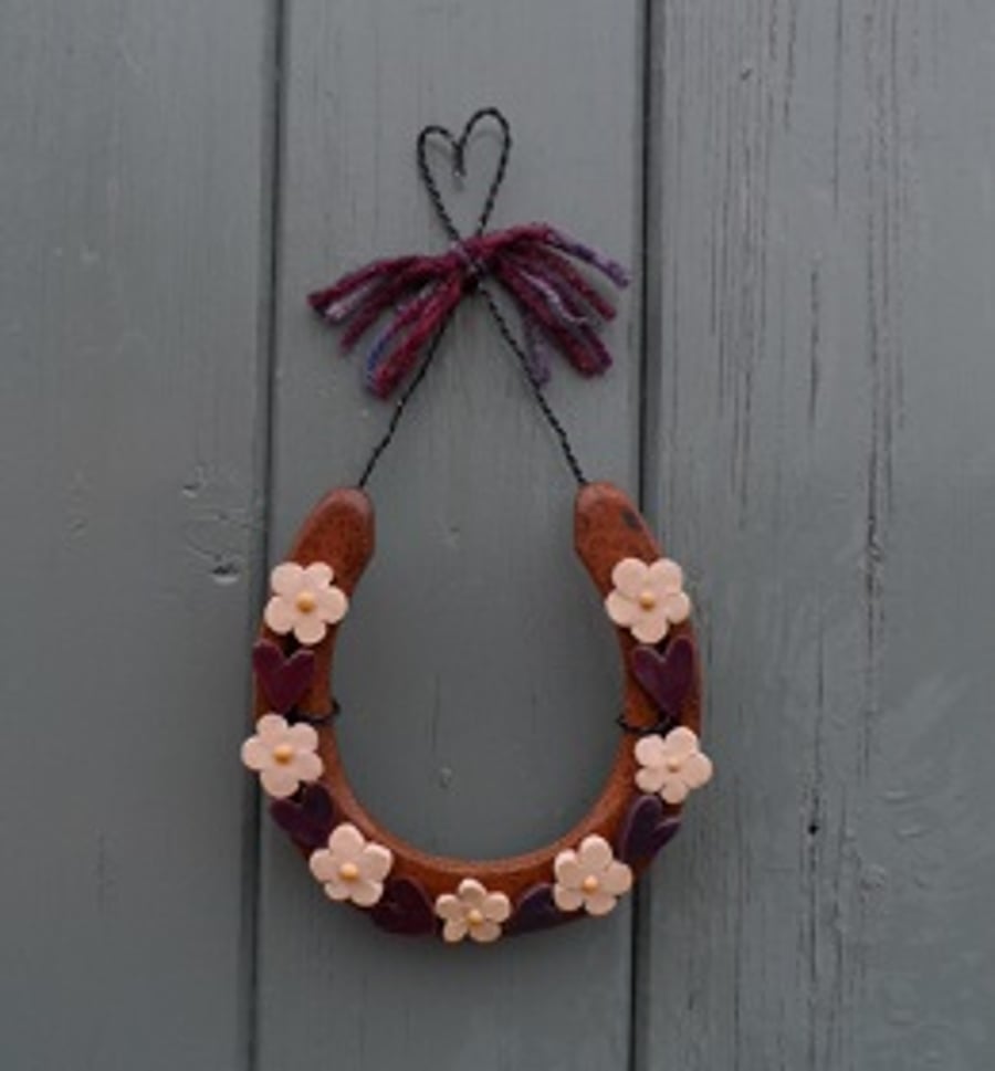 Real Horseshoe with Pottery Hearts and Flowers..lovely Rustic Wedding Gift!