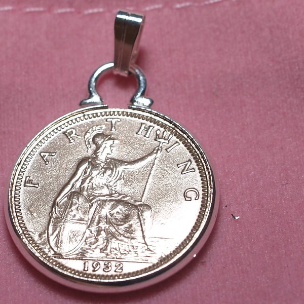 1934 90th Birthday Anniversary Farthing coin in a Silver Plated Pendant mount