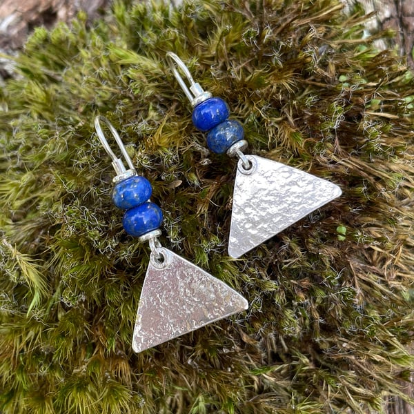 Sterling silver triangle drop earrings with bright lapis lazuli beads