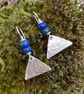 Sterling silver triangle drop earrings with bright lapis lazuli beads