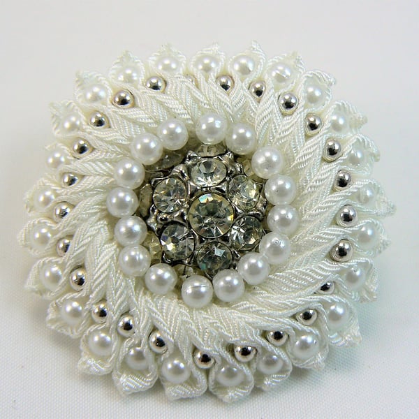 Ribbon flower brooch with beads