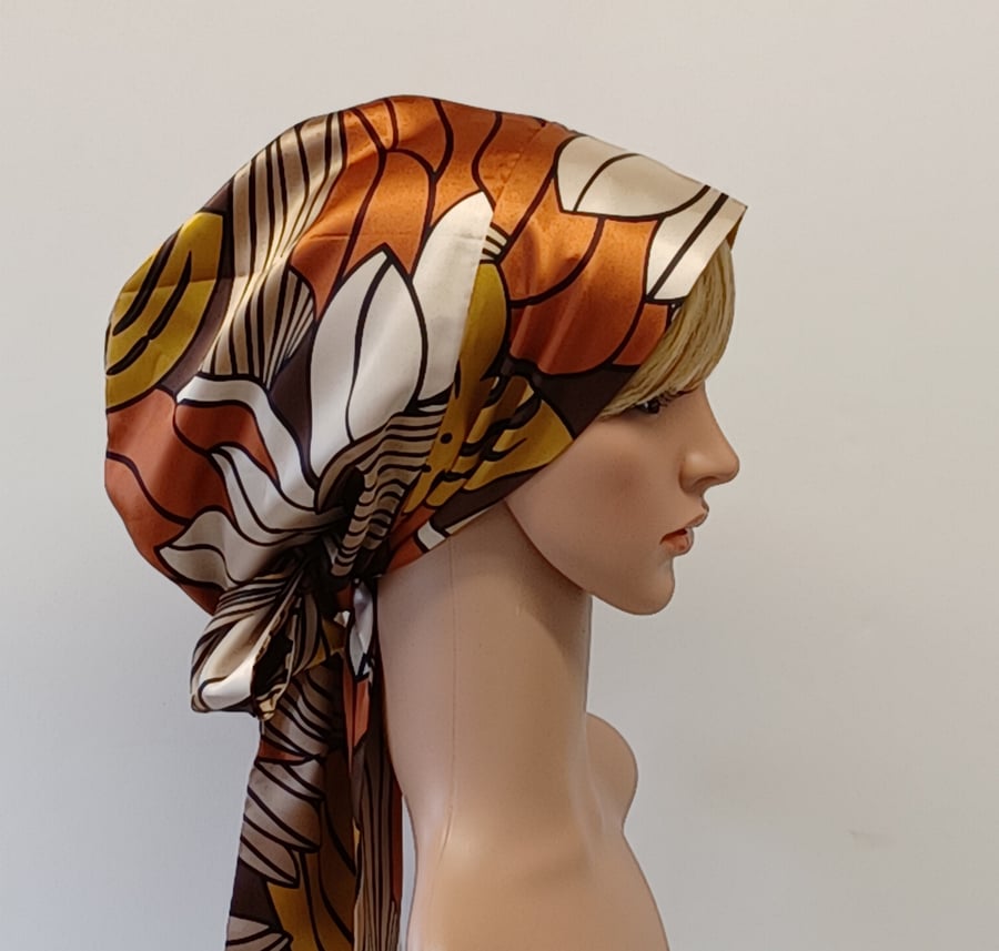 Satin lined bonnet for women, head wear with long ties full head covering