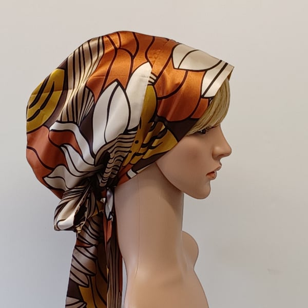 Satin lined bonnet for women, head wear with long ties full head covering