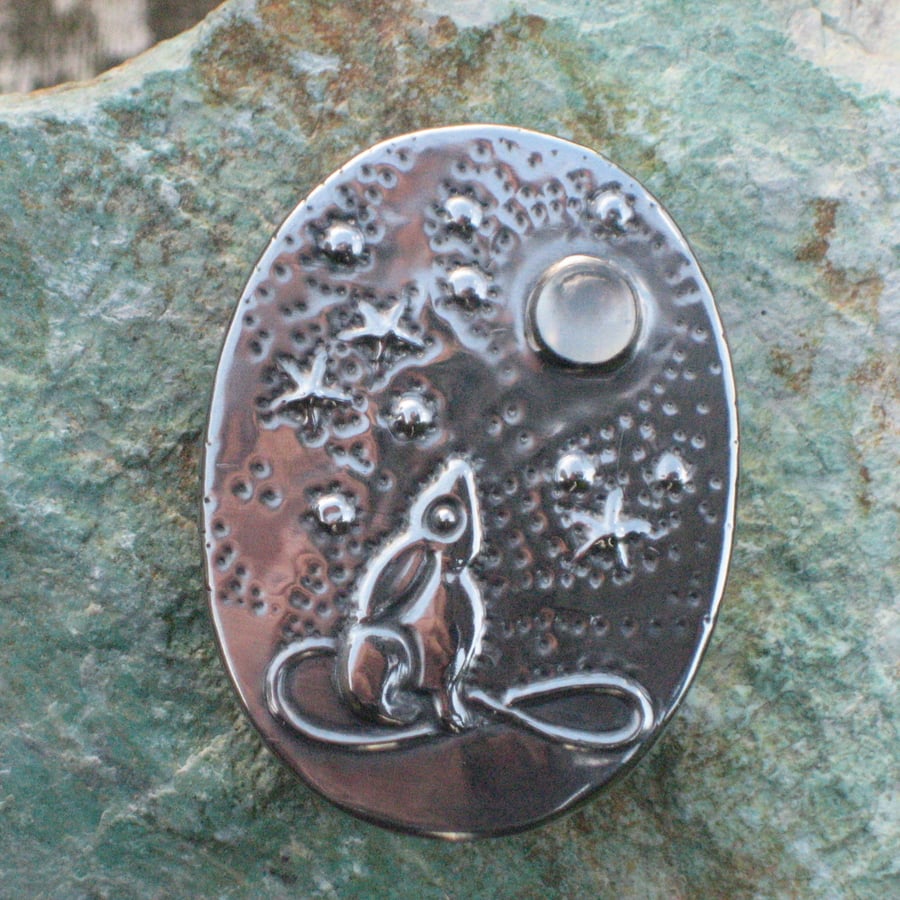 Moongazing Hare Silver Pewter Brooch with Moonstone
