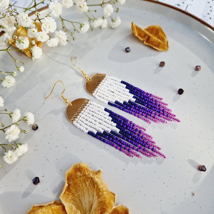 Long dangle beaded earrings Seed bead earrings Fringe earrings White and purple 